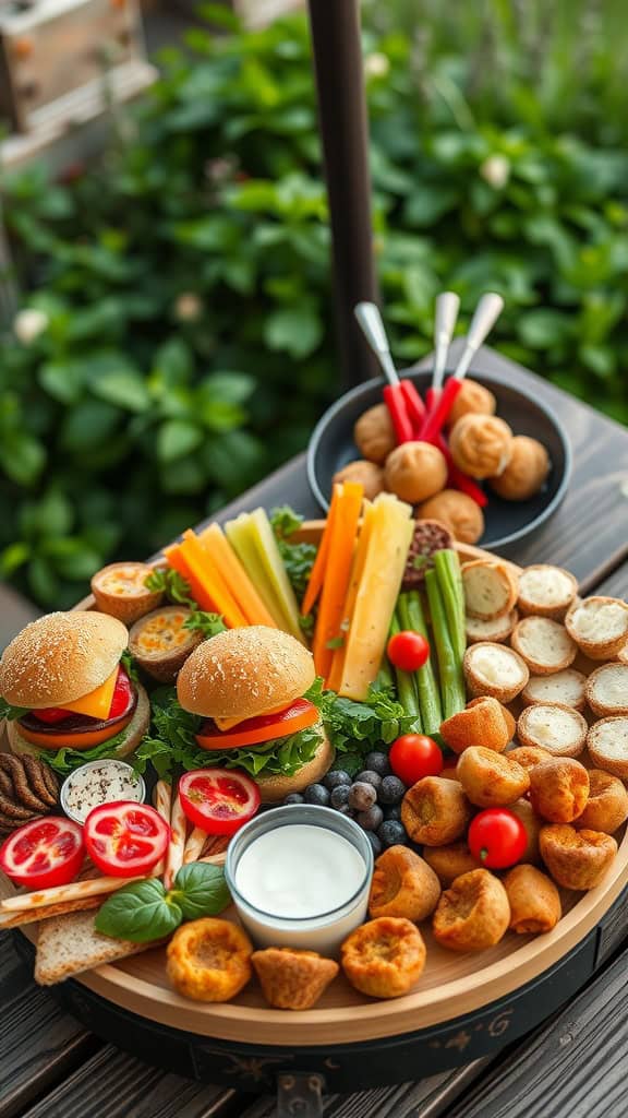 A colorful platter with mini burgers, fresh veggies, and assorted snacks.