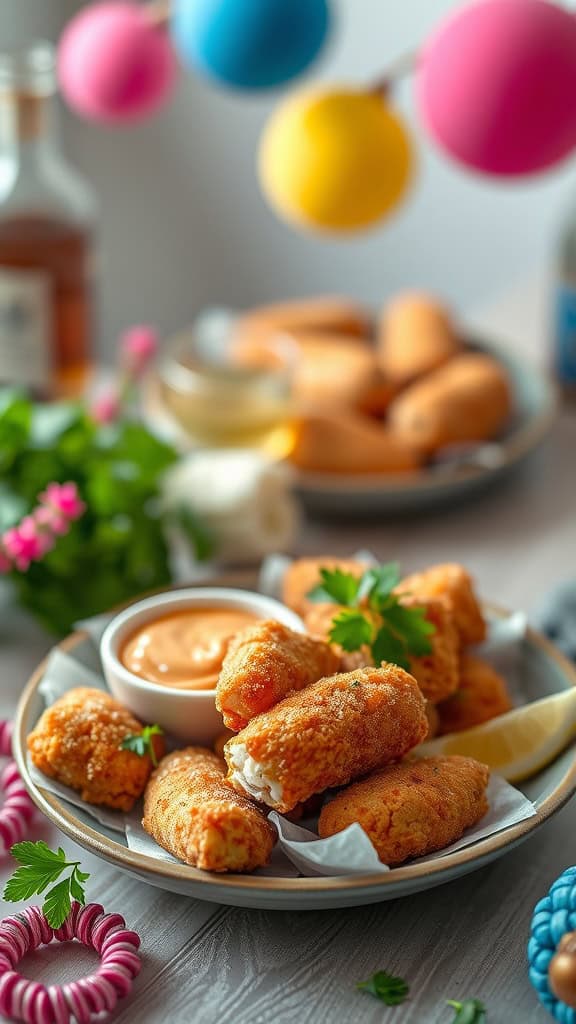 Fried catfish nuggets served with a dipping sauce and garnished with fresh herbs.