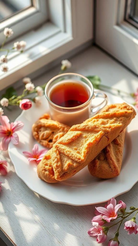 Chai-spiced biscotti served with tea, surrounded by flowers.