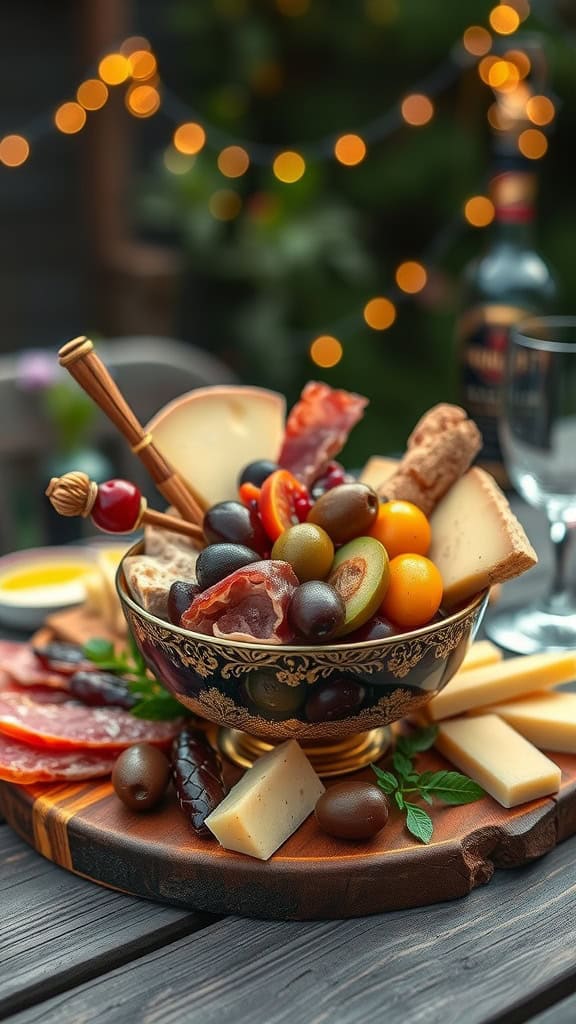 A beautifully arranged charcuterie cup filled with meats, cheeses, olives, and vegetables, perfect for a backyard party.