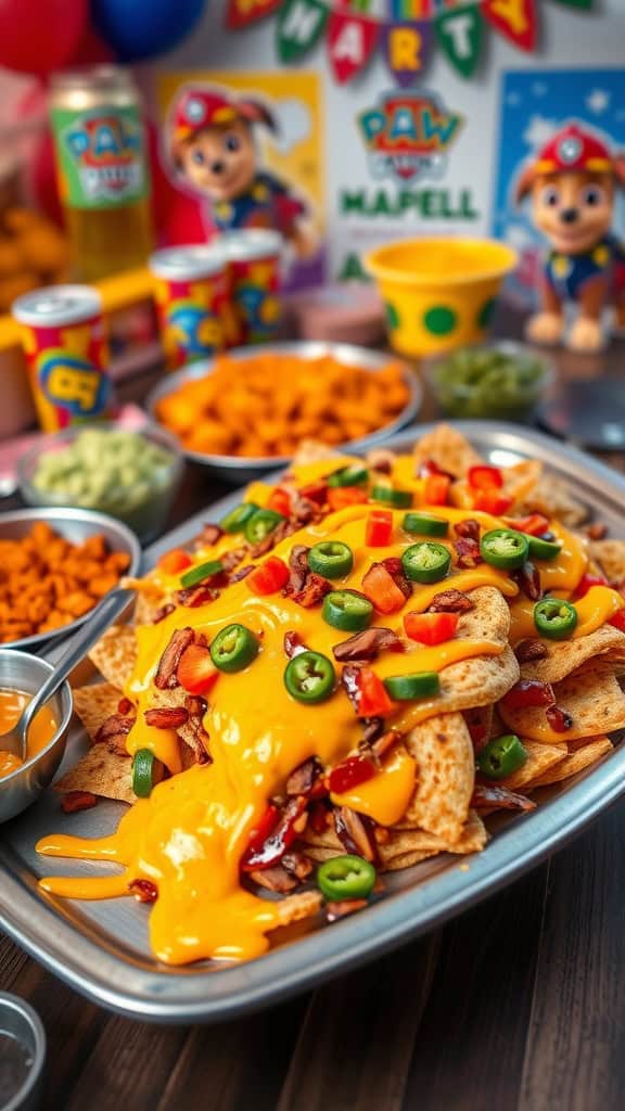 A delicious nacho station with tortilla chips, melted cheese, and various toppings.