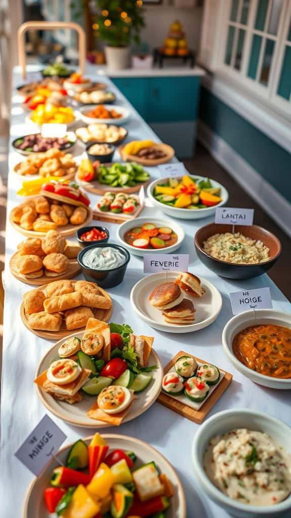 A buffet table filled with colorful finger foods including sandwiches, salads, and a variety of dips.