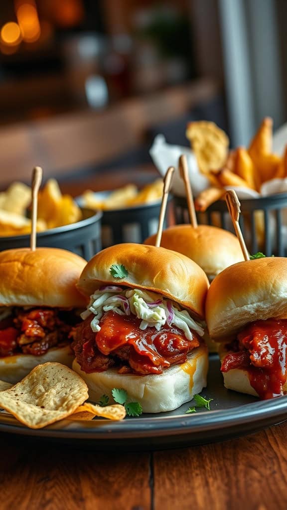 Delicious BBQ Pulled Pork Sliders served on a platter with chips.