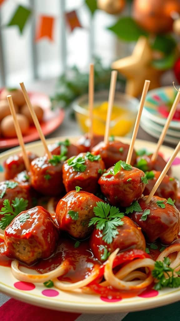 A plate of BBQ meatballs with skewers, garnished with parsley, ready for serving.