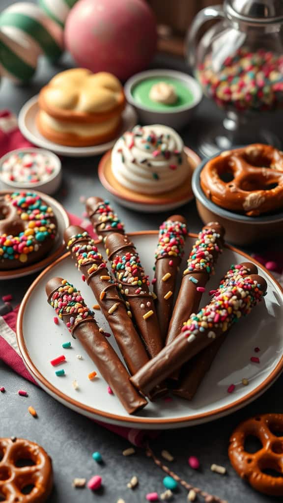 Chocolate dipped pretzels decorated with colorful sprinkles, perfect for parties.