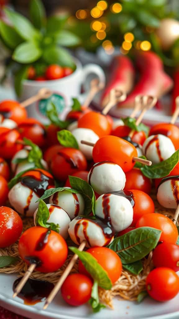 Mini Caprese skewers with cherry tomatoes, mozzarella balls, and basil