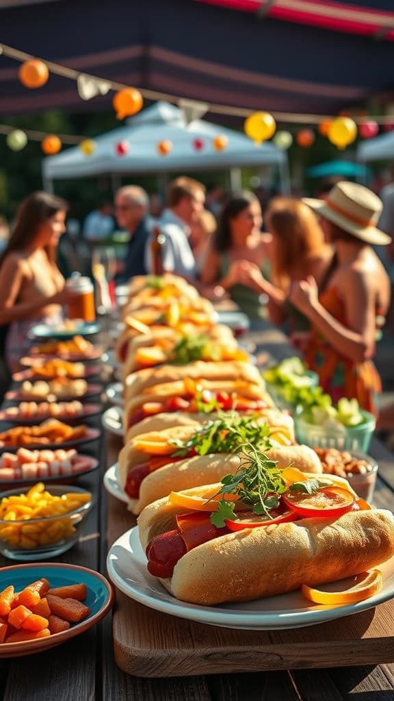 A setup for a build-your-own hot dog bar with various toppings.