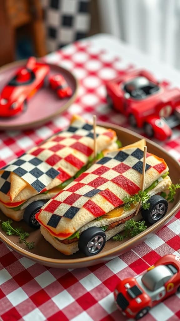 Checkered flag themed sandwiches shaped like race cars, decorated with colorful bell pepper strips and olive wheels.