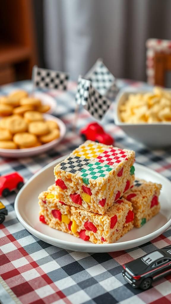 Colorful checkered rice krispie treats on a plate for a car themed birthday party.