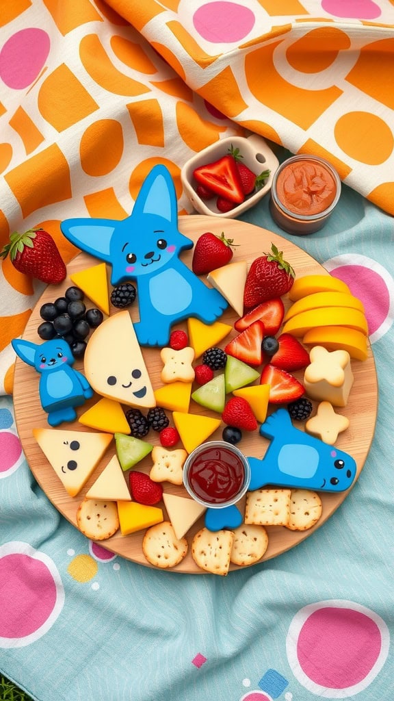 A colorful cheese and crackers platter inspired by Bluey, featuring assorted cheeses, fresh fruits, and fun shapes.