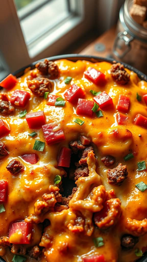 A close-up of a cheeseburger casserole topped with cheese, diced tomatoes, and green onions.