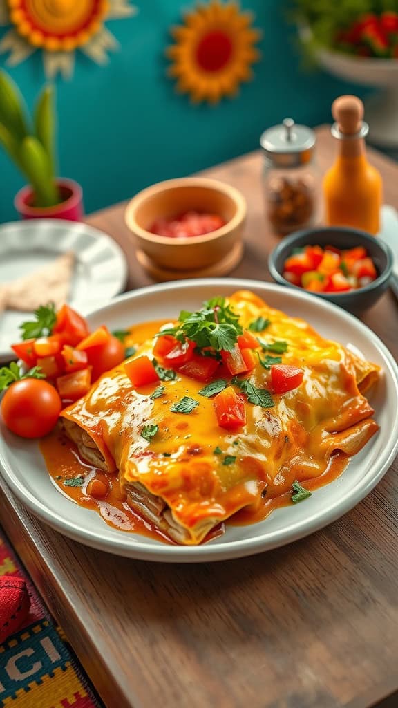 Plate of cheesy chicken enchiladas topped with fresh tomatoes and cilantro