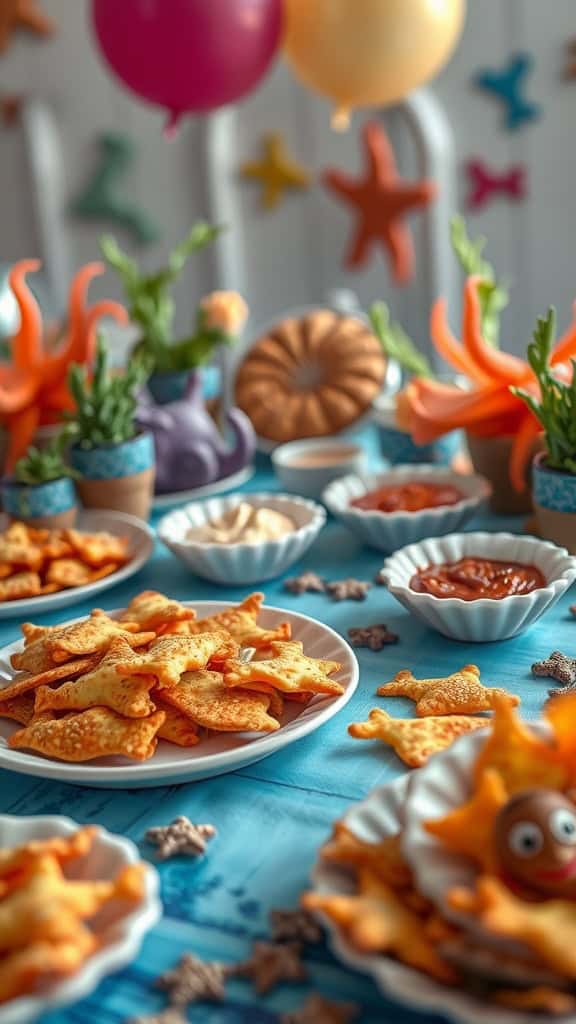 Cheesy fish-shaped crackers on a colorful party table