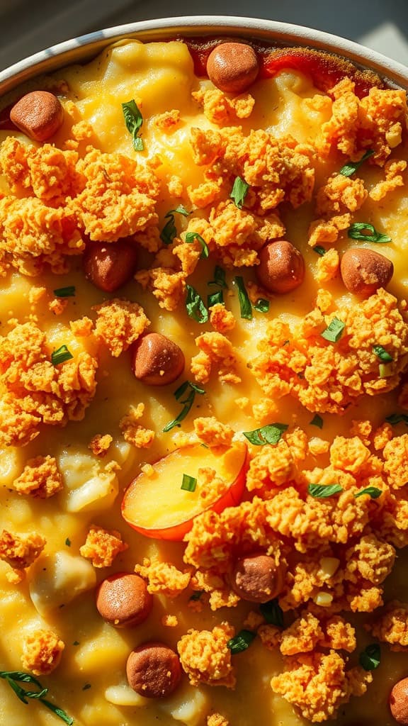 A close-up view of cheesy hashbrown casserole topped with crunchy bits and garnished with herbs.