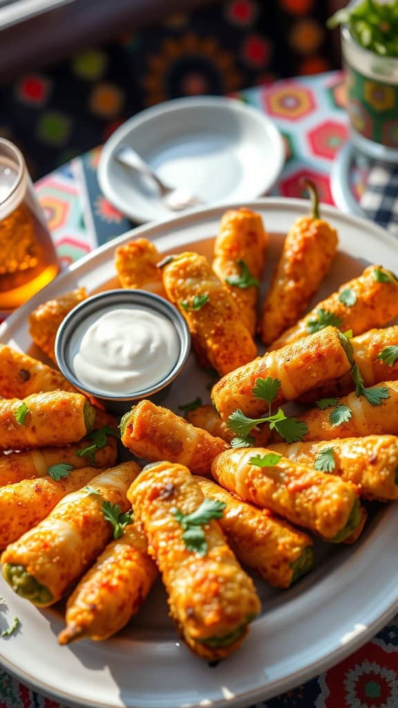 A platter of cheesy jalapeño poppers with a side of dipping sauce.