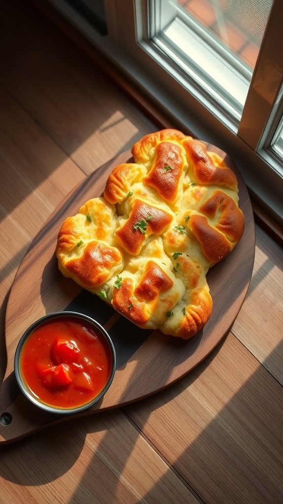 A plate of cheesy pull-apart bread with a side of dipping sauce.