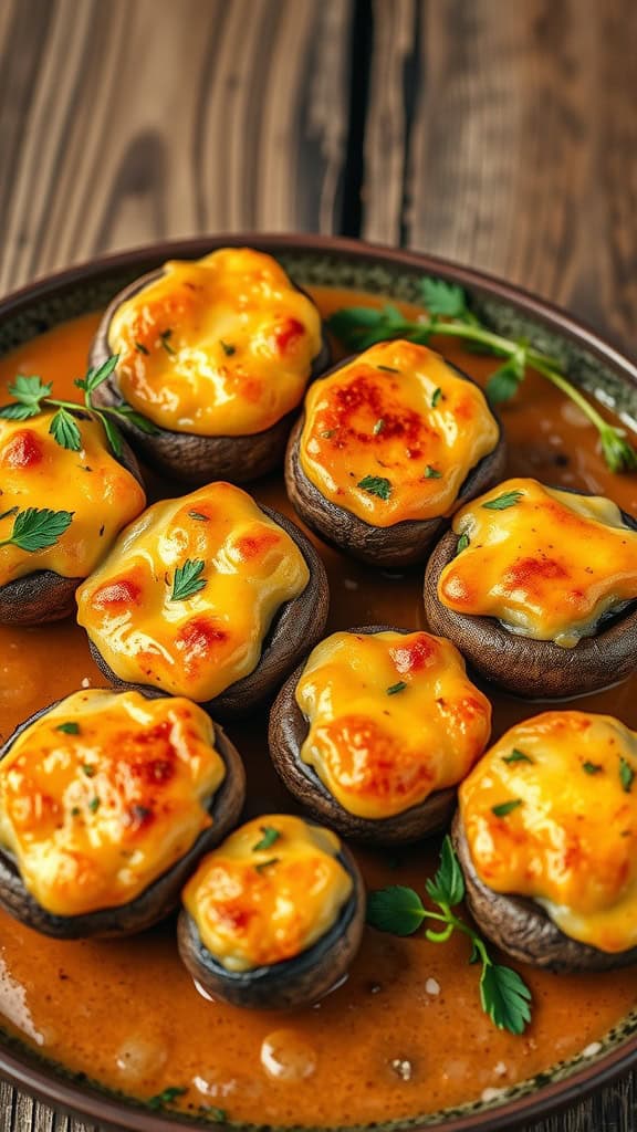 A plate of cheesy stuffed mushrooms, warm and inviting, topped with melted cheese and garnished with parsley.