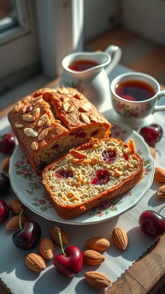 A loaf of cherry almond tea bread sliced and served with tea.