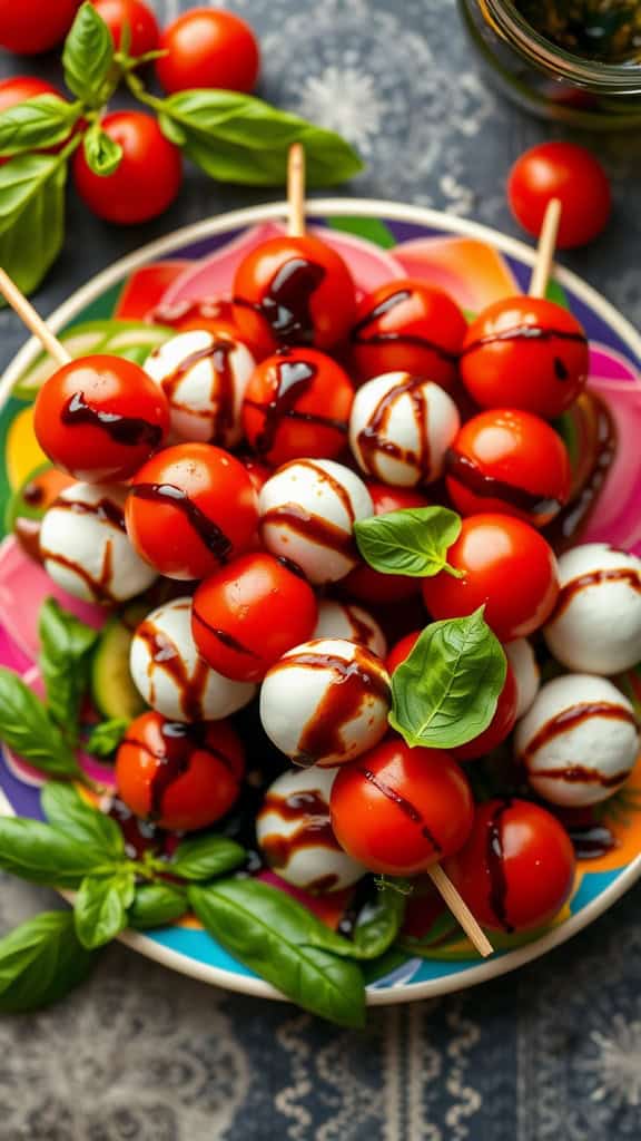 Cherry Tomato Caprese Skewers with basil and balsamic glaze