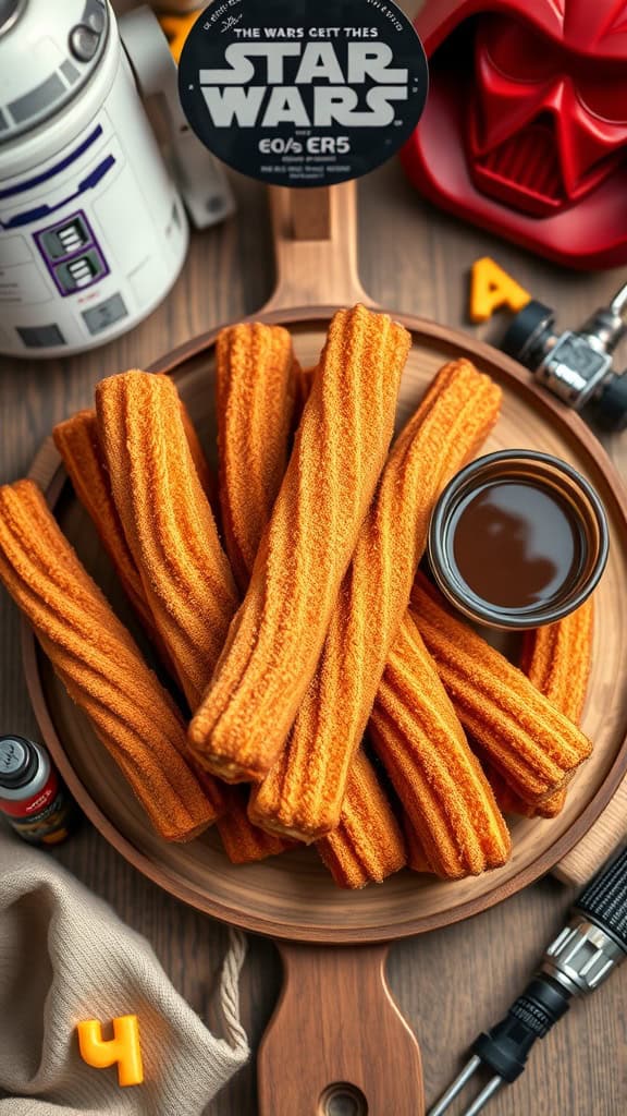 Chewbacca Churros arranged on a platter with a dipping sauce