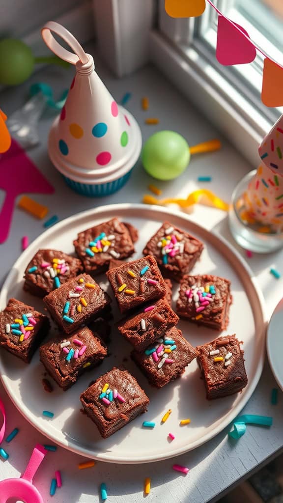 Brownie bites decorated with sprinkles on a plate, perfect for a kids' party dessert.