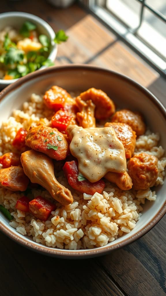 A hearty chicken and rice casserole served in a bowl, accompanied by a side dish.