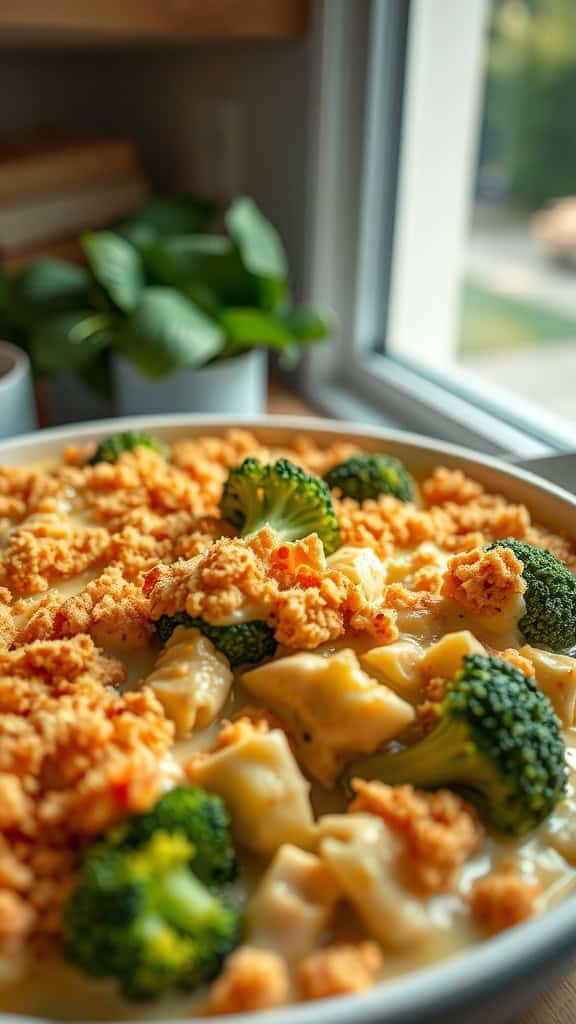 A delicious chicken broccoli casserole topped with crispy bits, surrounded by green plants.