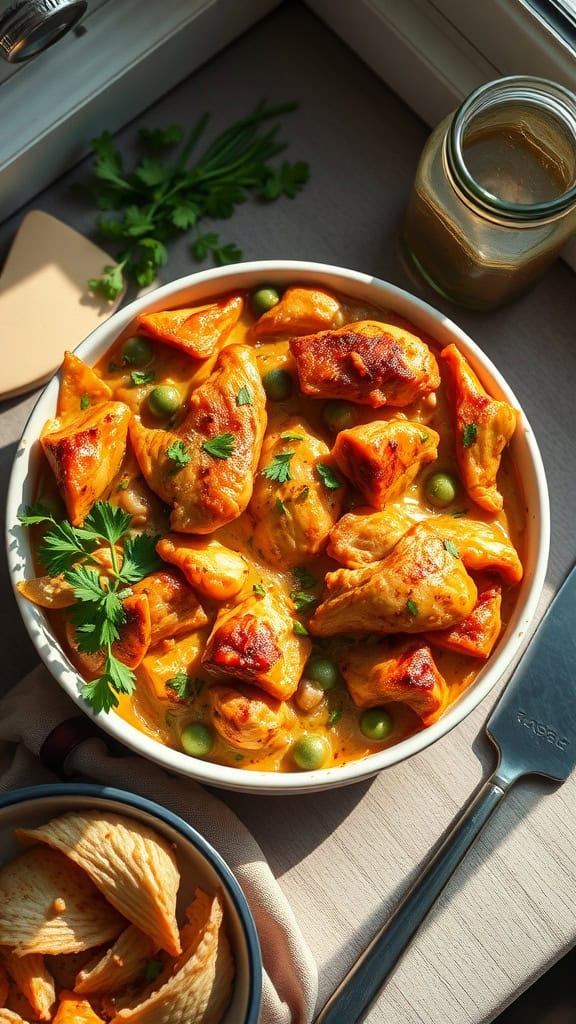 A delicious chicken casserole with herbs and a golden crust.