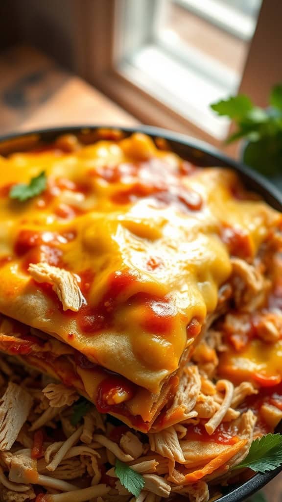 A delicious chicken enchilada casserole with layers of melted cheese and shredded chicken.