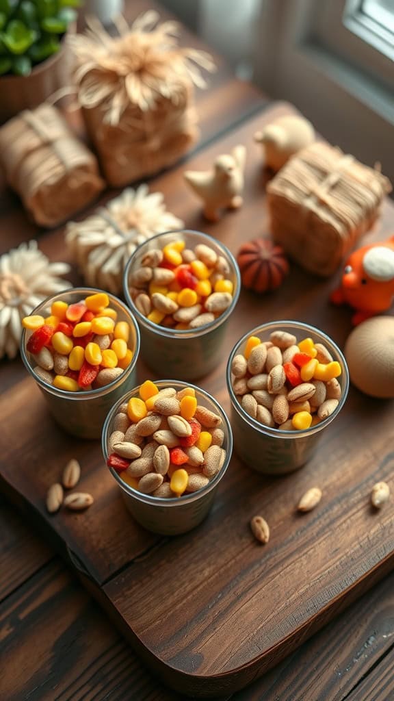 Chicken Feed Snack Cups filled with a mix of peanuts, candy corn, and other crunchy snacks