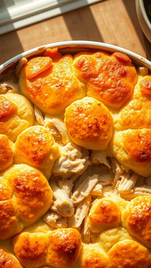 A close-up of Chicken Pot Pie Casserole with golden biscuits on top