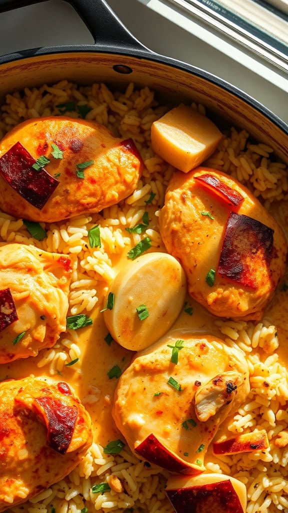 A delicious chicken rice casserole with chicken pieces and rice in a pan.