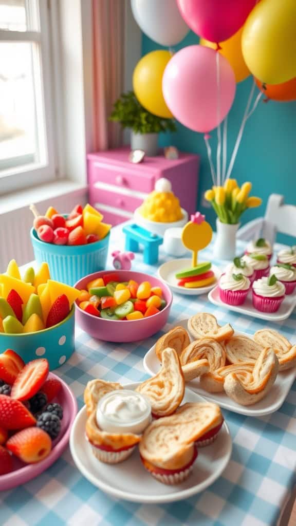 Colorful children's party food buffet with fruits, mini sandwiches, and snacks.