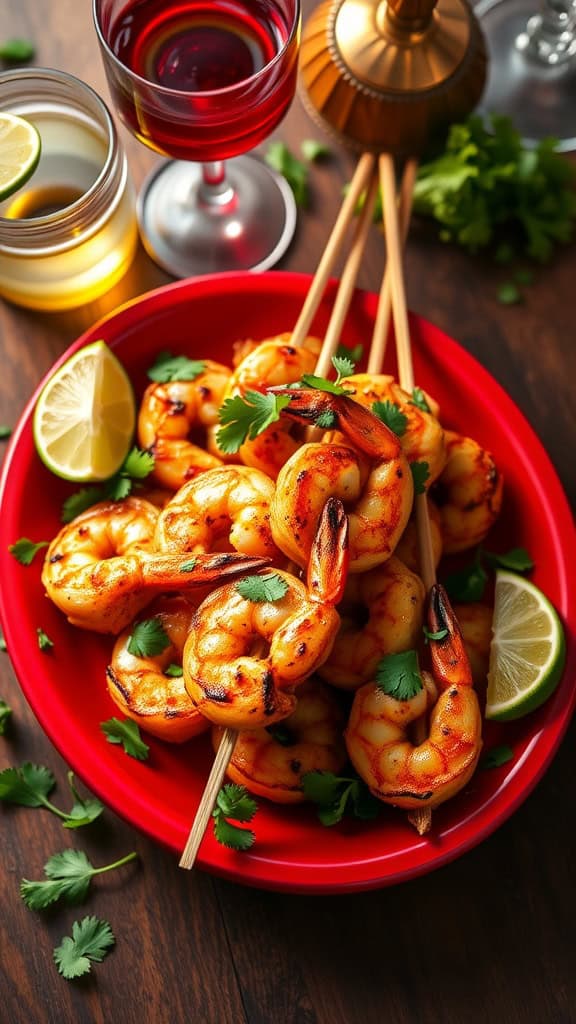 Chili-lime shrimp skewers served on a red platter with lime wedges and garnished with cilantro