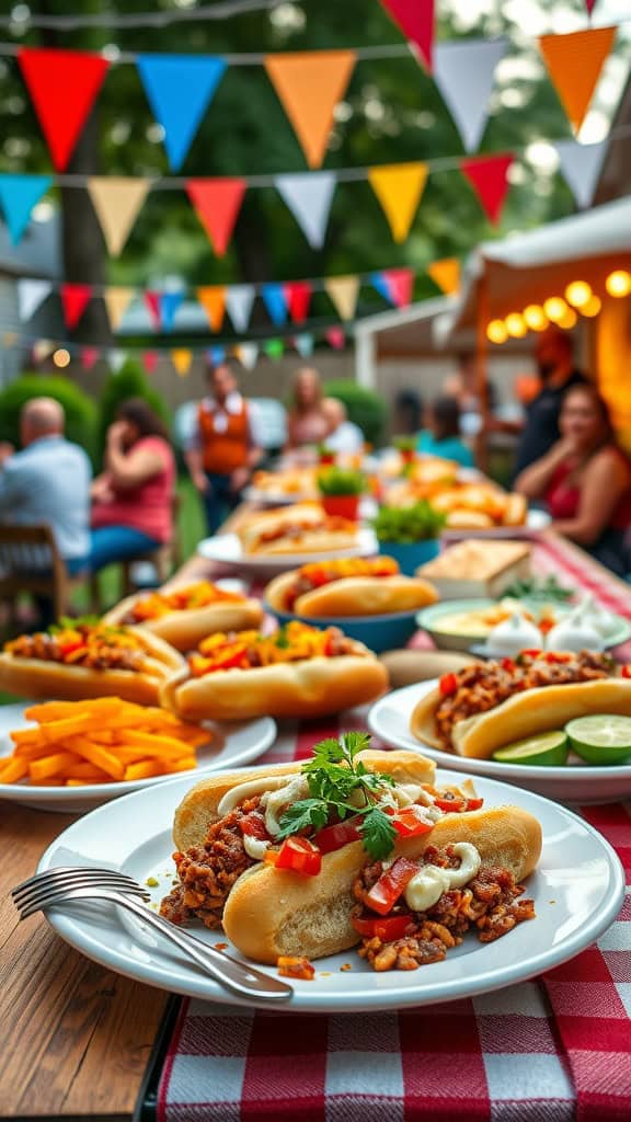 Chili hot dogs with various toppings at a backyard party