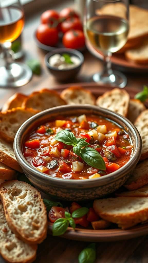 Chilled bruschetta dip served with toasted bread slices, tomatoes, and herbs.