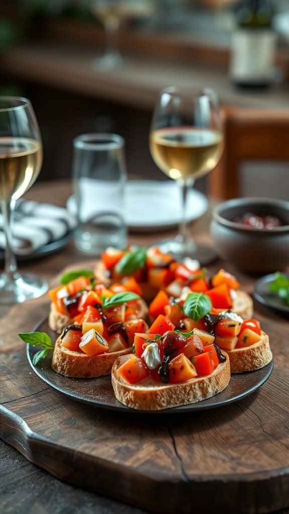 Chilled bruschetta topped with diced tomatoes, basil, and balsamic glaze on toasted bread slices.