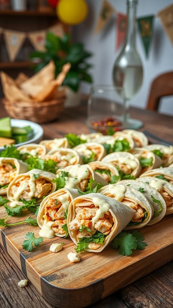 Chilled Chicken Caesar Wrap Bites on a wooden board, garnished with cilantro.