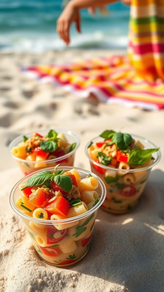 Chilled pasta salad served in clear cups on the beach