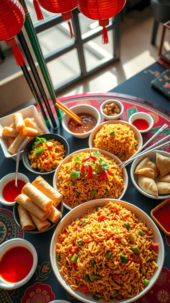 A vibrant spread of Chinese food including spring rolls, fried rice, and dumplings, perfect for a buffet party.