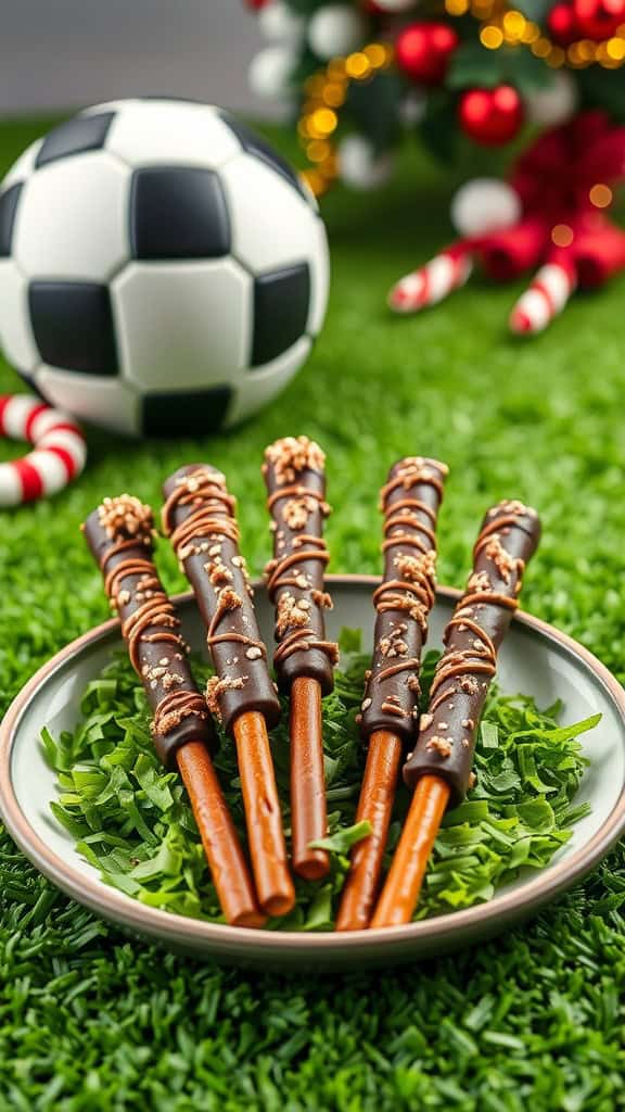 Chocolate-covered pretzel sticks decorated with sprinkles