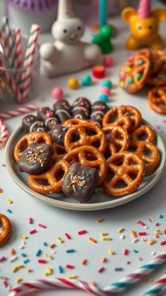 A plate of colorful chocolate-covered pretzels with sprinkles, perfect for kids' parties.