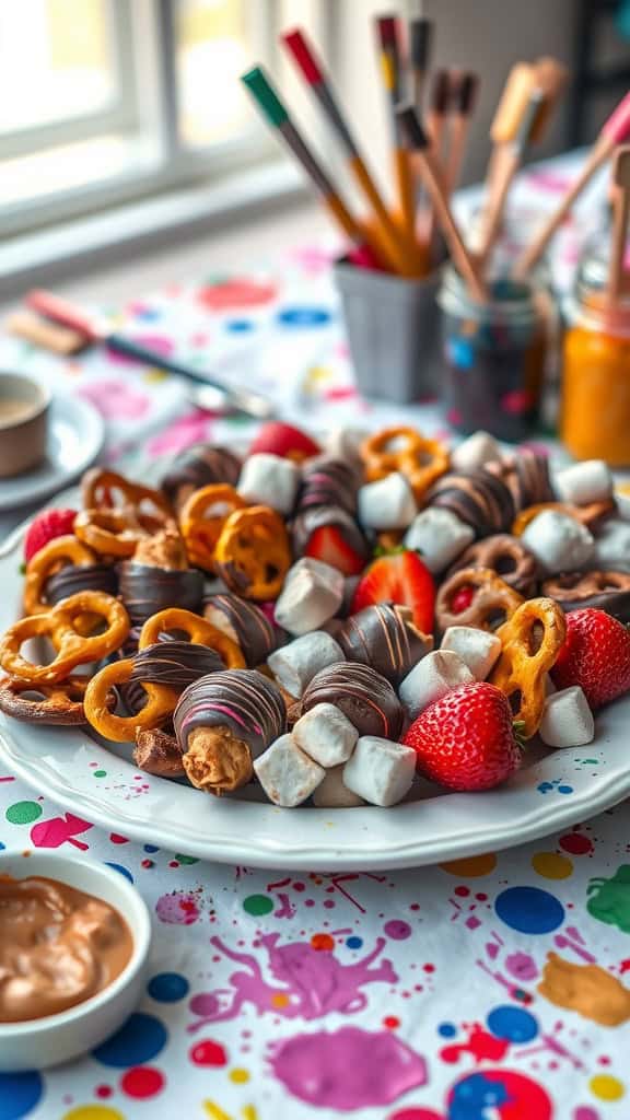 A plate of assorted chocolate-dipped treats including strawberries, pretzels, and marshmallows.