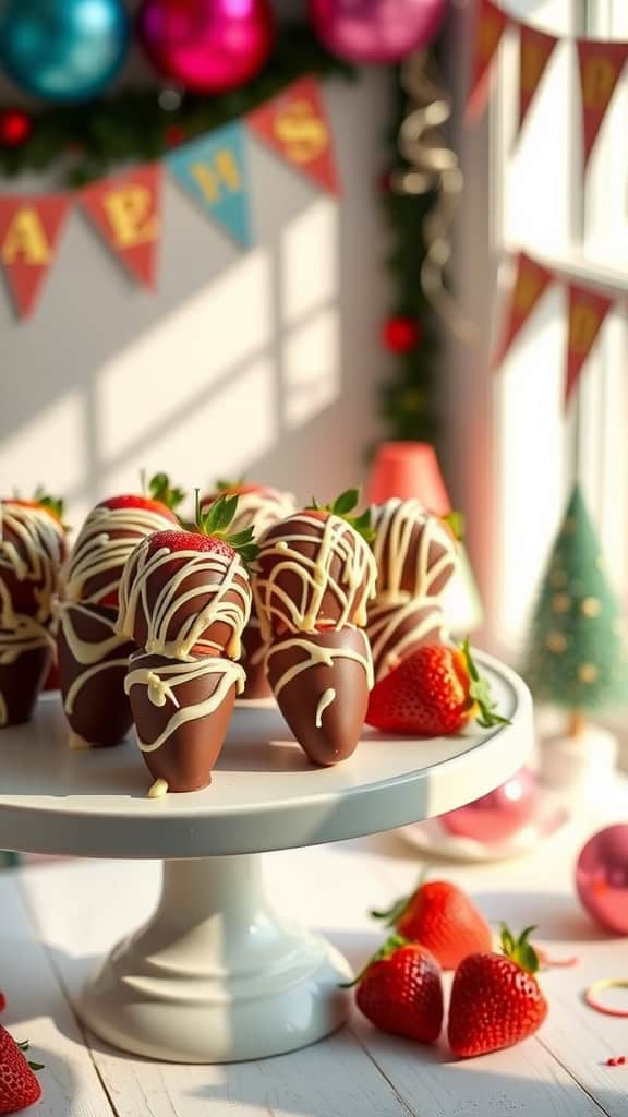 Chocolate-Dipped Strawberry Towers on a white cake stand surrounded by festive decorations.