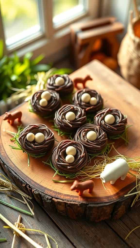 Chocolate haystack treats resembling nests, decorated with candy eggs.