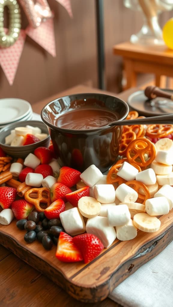 A delicious chocolate dessert fondue platter with various dippers.