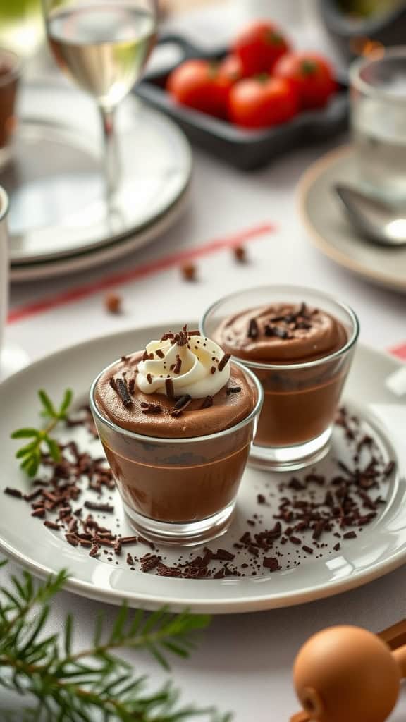 Rich chocolate mousse served in mini dessert cups topped with whipped cream and chocolate shavings.