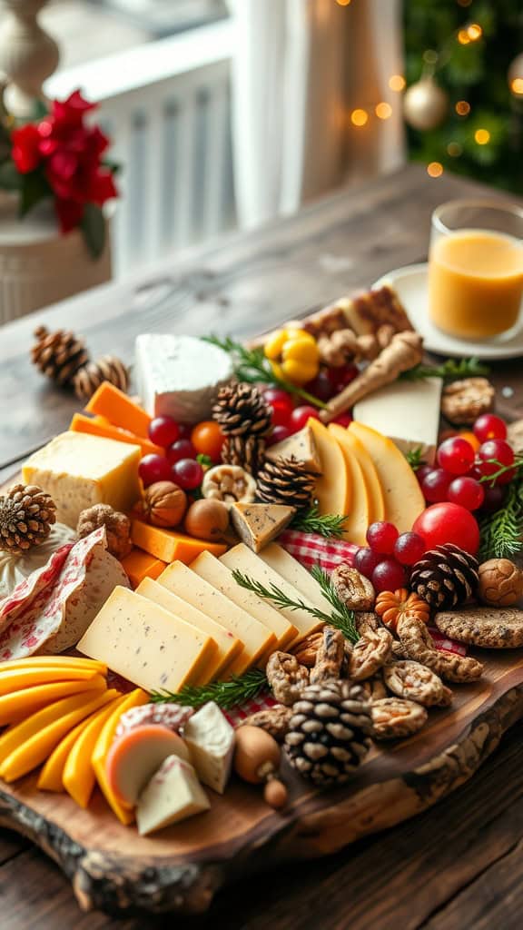 A beautifully arranged Christmas cheese board featuring various cheeses, fruits, nuts, and festive decorations.