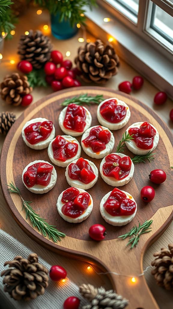 Mini cranberry brie bites on a wooden serving board, garnished with cranberries and rosemary.