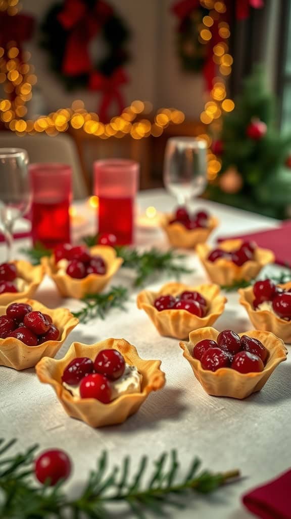 Cranberry Brie Phyllo Cups on a festive table decorated for Christmas